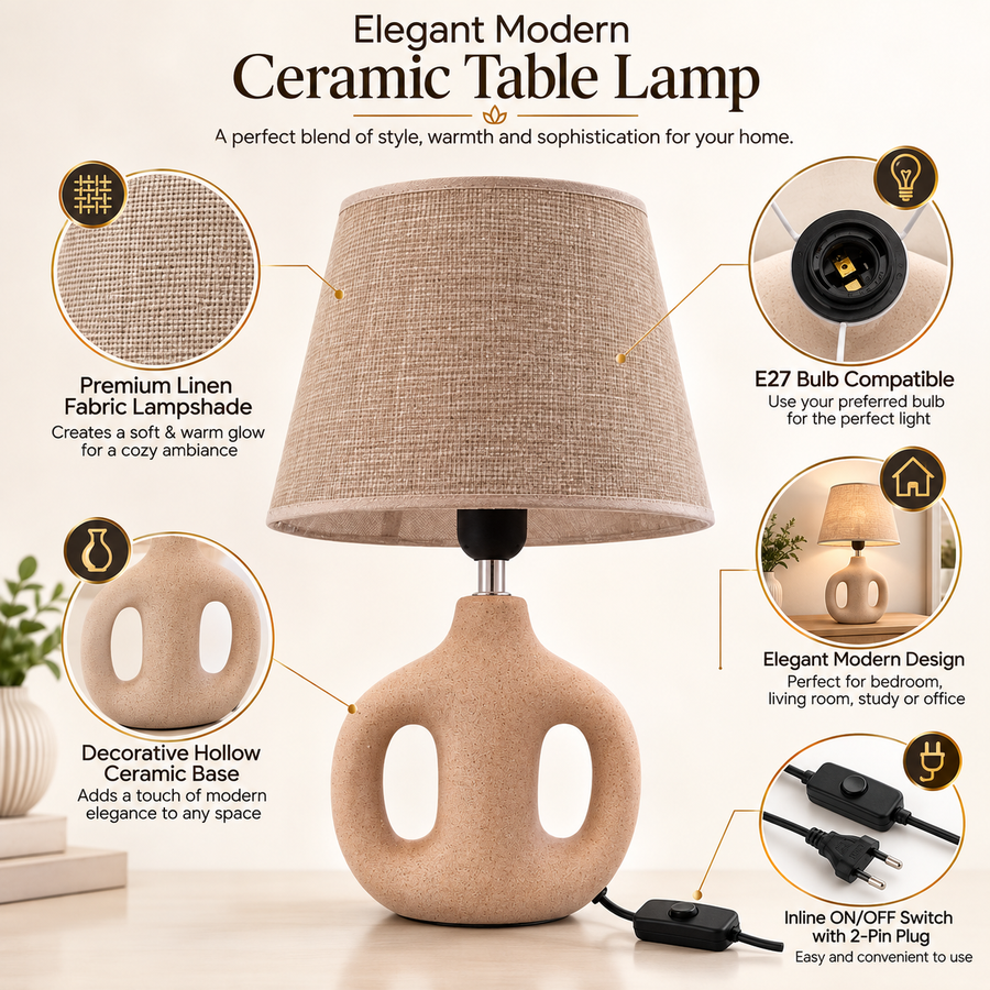 Modern Ceramic Table Lamp with Linen Fabric Shade | Decorative Hollow Base | E27 Holder | Bedside & Living Room Lamp