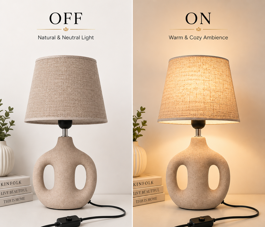 Modern Ceramic Table Lamp with Linen Fabric Shade | Decorative Hollow Base | E27 Holder | Bedside & Living Room Lamp