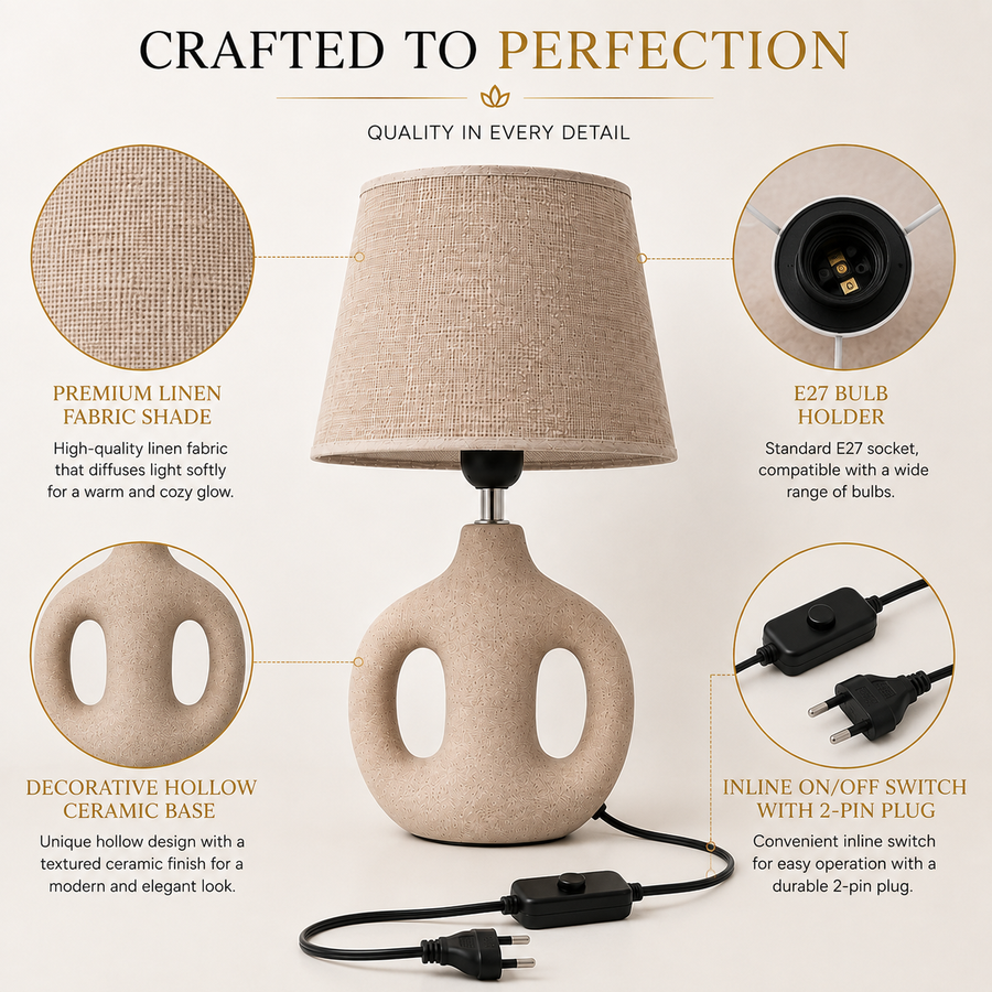 Modern Ceramic Table Lamp with Linen Fabric Shade | Decorative Hollow Base | E27 Holder | Bedside & Living Room Lamp