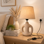 Modern Ceramic Table Lamp with Linen Fabric Shade | Decorative Hollow Base | E27 Holder | Bedside & Living Room Lamp