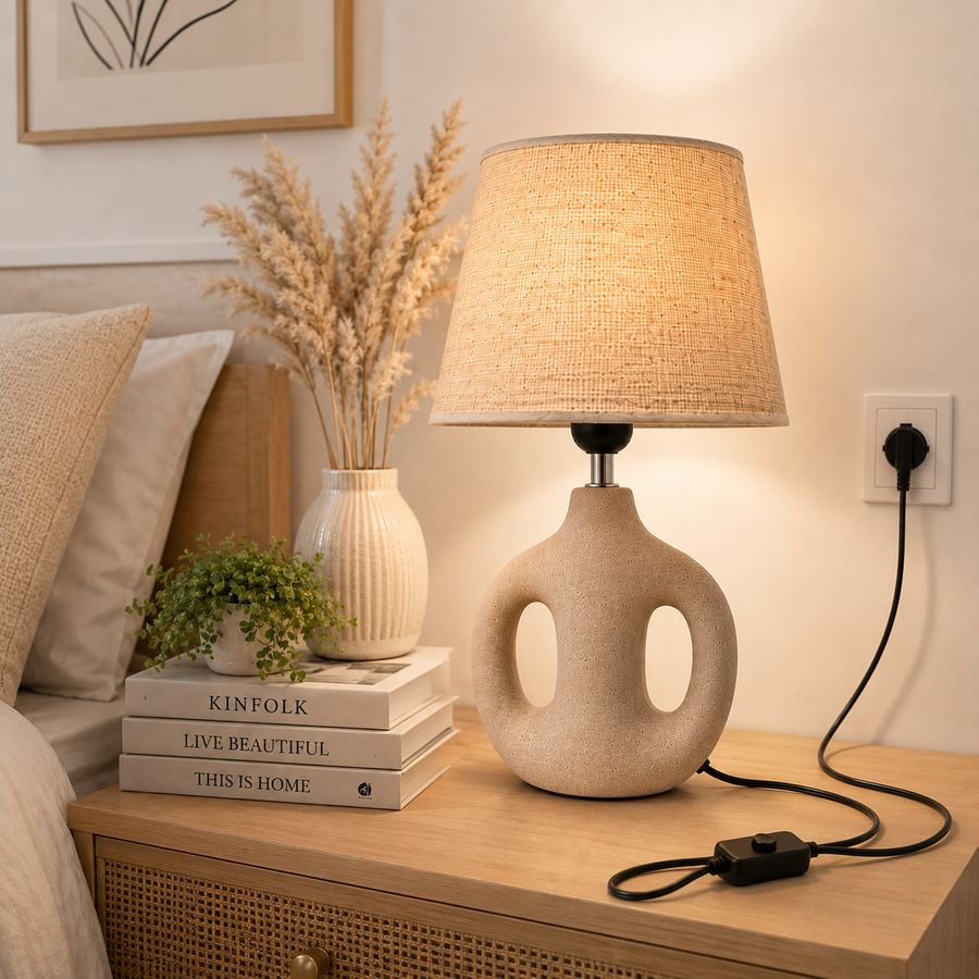 Modern Ceramic Table Lamp with Linen Fabric Shade | Decorative Hollow Base | E27 Holder | Bedside & Living Room Lamp