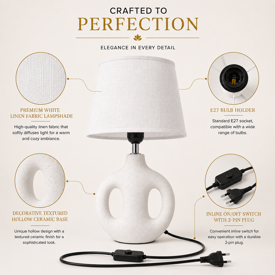 Modern White Ceramic Table Lamp with White Linen Fabric Shade | E27 Holder | Bedside & Living Room Lamp