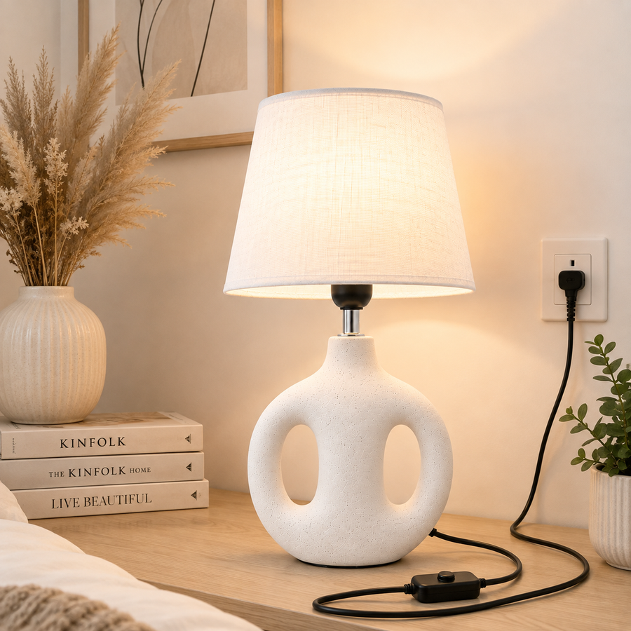 Modern White Ceramic Table Lamp with White Linen Fabric Shade | E27 Holder | Bedside & Living Room Lamp