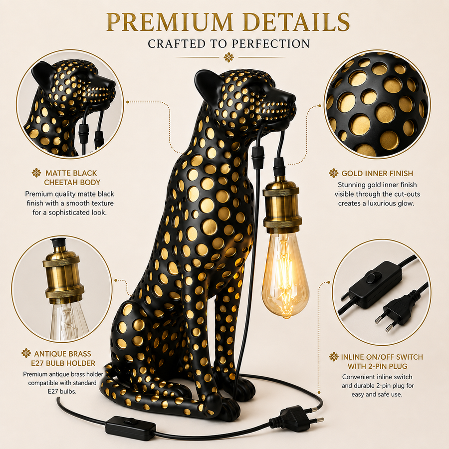 Luxury Cheetah Sculptural Table Lamp | Matte Black Decorative Lamp | E27 Holder | Warm Ambient Lighting