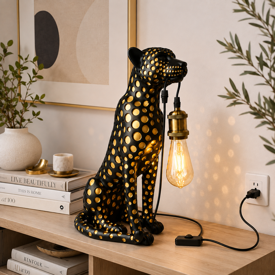 Luxury Cheetah Sculptural Table Lamp | Matte Black Decorative Lamp | E27 Holder | Warm Ambient Lighting