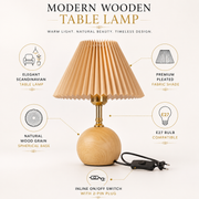 Modern Scandinavian Wooden Table Lamp with Pleated Fabric Shade | E27 Bulb Holder | Natural Wood Grain Base | Bedside & Living Room Lamp