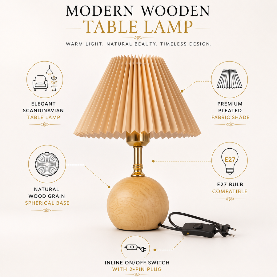 Modern Scandinavian Wooden Table Lamp with Pleated Fabric Shade | E27 Bulb Holder | Natural Wood Grain Base | Bedside & Living Room Lamp