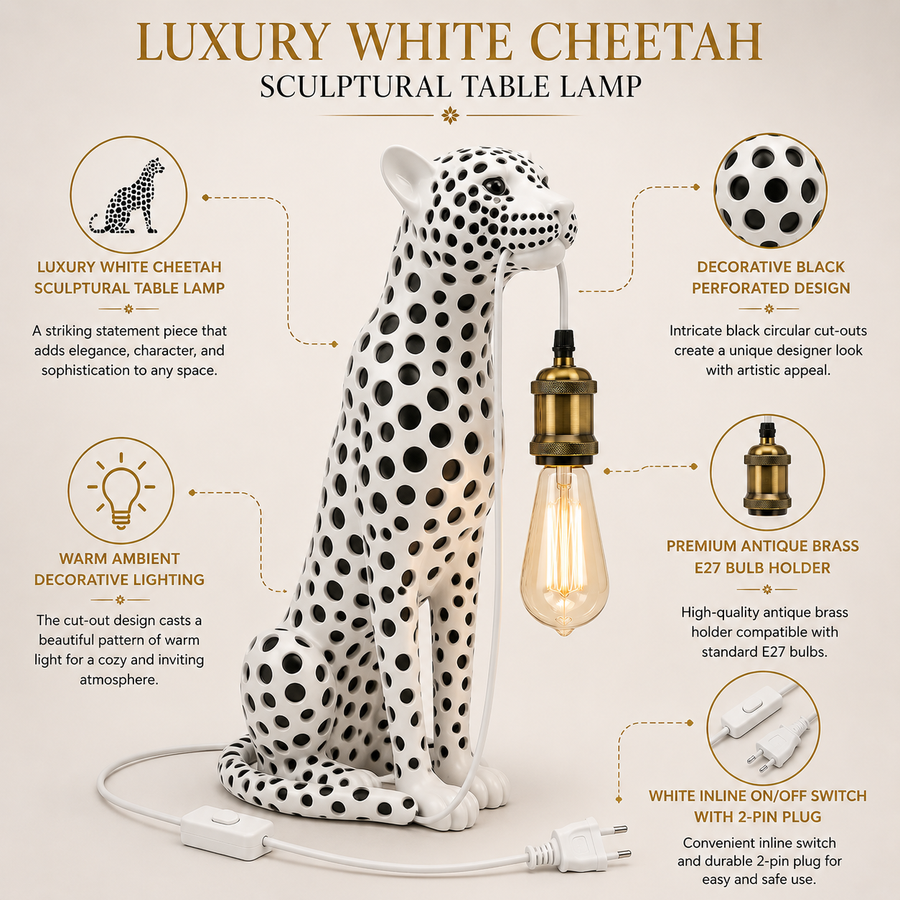 Coral Tree Luxury White Cheetah Sculptural Table Lamp with Antique Brass E27 Holder | Decorative Ambient Lighting