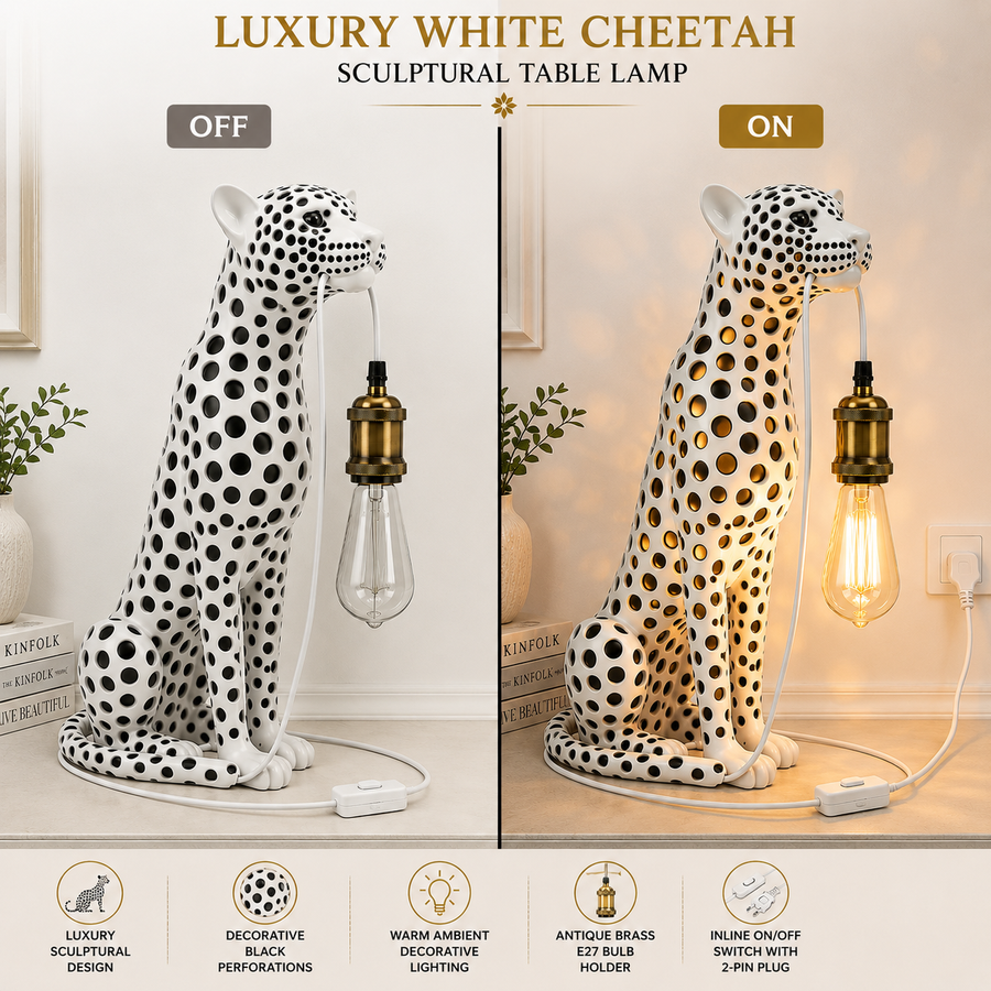 Coral Tree Luxury White Cheetah Sculptural Table Lamp with Antique Brass E27 Holder | Decorative Ambient Lighting