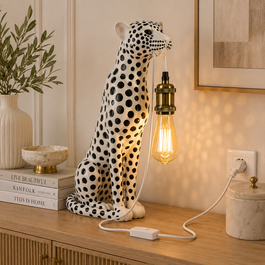 Coral Tree Luxury White Cheetah Sculptural Table Lamp with Antique Brass E27 Holder | Decorative Ambient Lighting