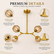 Modern 4-Light Amber Glass Pendant Chandelier with Brushed Gold Finish | E27 Hanging Ceiling Light