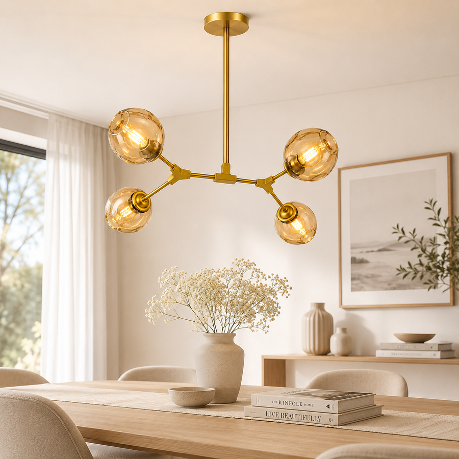 Modern 4-Light Amber Glass Pendant Chandelier with Brushed Gold Finish | E27 Hanging Ceiling Light