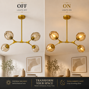 Modern 4-Light Amber Glass Pendant Chandelier with Brushed Gold Finish | E27 Hanging Ceiling Light