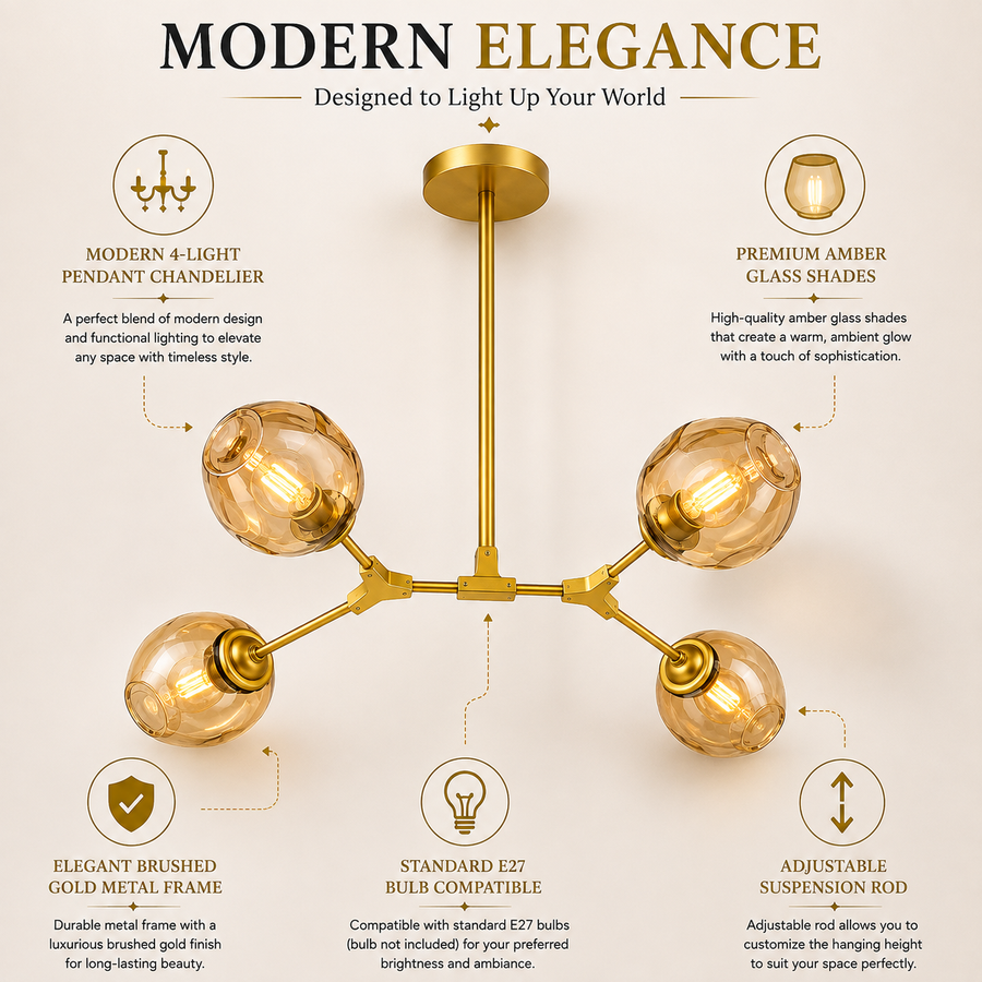 Modern 4-Light Amber Glass Pendant Chandelier with Brushed Gold Finish | E27 Hanging Ceiling Light