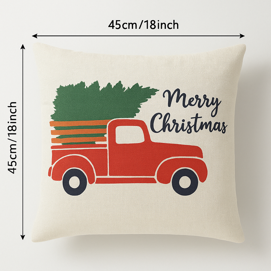 Christmas Cotton Linen Cushion Cover Set of 2 (45×45 cm) – Merry Christmas Truck Design, Festive Sofa & Home Décor, Without Filler