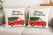 Christmas Cotton Linen Cushion Cover Set of 2 (45×45 cm) – Merry Christmas Truck Design, Festive Sofa & Home Décor, Without Filler