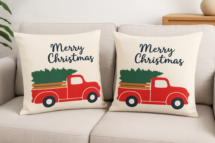 Christmas Cotton Linen Cushion Cover Set of 2 (45×45 cm) – Merry Christmas Truck Design, Festive Sofa & Home Décor, Without Filler