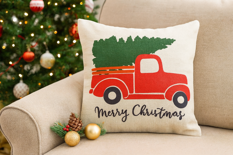Christmas Cotton Linen Cushion Cover Set of 2 (45×45 cm) – Merry Christmas Truck Design, Festive Sofa & Home Décor, Without Filler