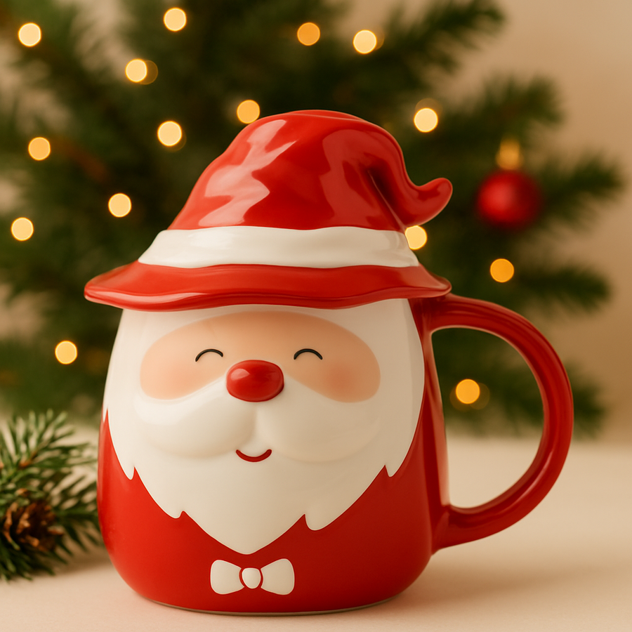 Coral Tree Santa Ceramic Mug with Lid – 300ml Christmas Theme Cup for Hot & Cold Beverages