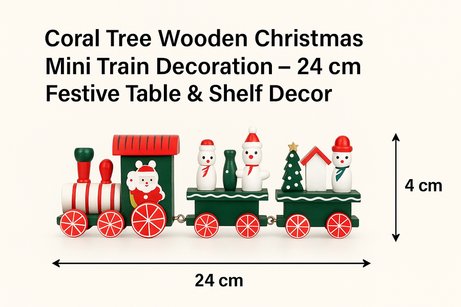 Coral Tree Wooden Christmas Mini Train Set – 24 cm Festive Tabletop Décor with Snowmen, Santa Engine & Christmas Tree – Handcrafted Wooden Holiday Decoration