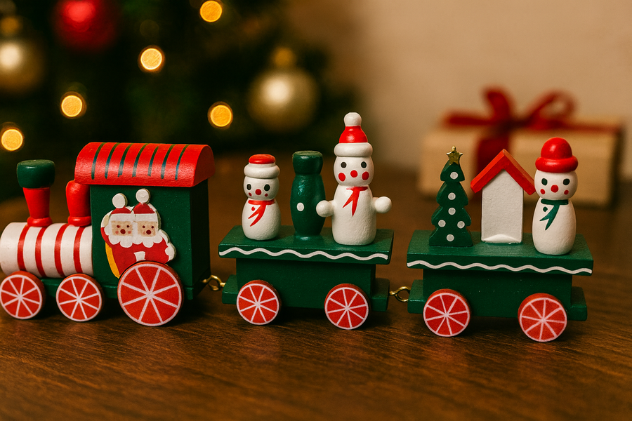 Coral Tree Wooden Christmas Mini Train Set – 24 cm Festive Tabletop Décor with Snowmen, Santa Engine & Christmas Tree – Handcrafted Wooden Holiday Decoration