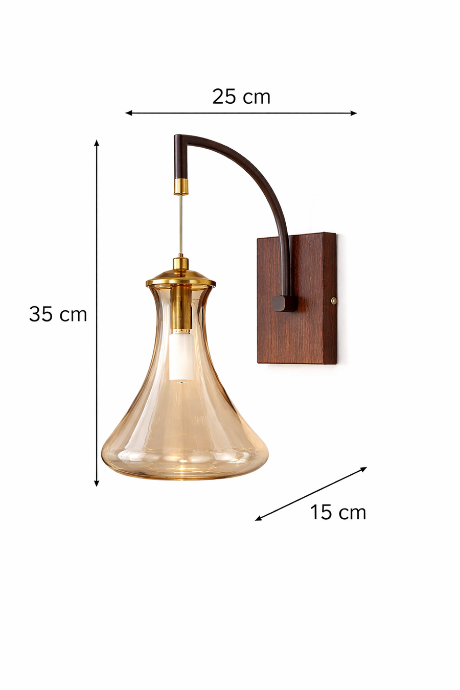 Modern Wooden & Amber Glass Wall Light with In-Built LED | 35 cm Decorative Wall Sconce with Metal Back Plate | Warm Bedside & Living Room Light