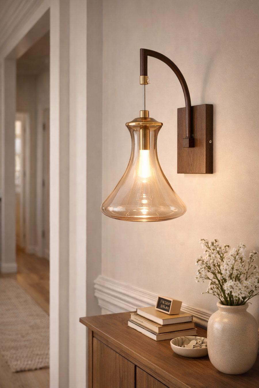 Modern Wooden & Amber Glass Wall Light with In-Built LED | 35 cm Decorative Wall Sconce with Metal Back Plate | Warm Bedside & Living Room Light