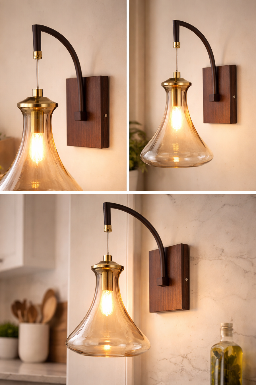 Modern Wooden & Amber Glass Wall Light with In-Built LED | 35 cm Decorative Wall Sconce with Metal Back Plate | Warm Bedside & Living Room Light