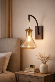Modern Wooden & Amber Glass Wall Light with In-Built LED | 35 cm Decorative Wall Sconce with Metal Back Plate | Warm Bedside & Living Room Light