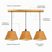 3-Light Handwoven Rattan Linear Pendant Light with Brushed Gold Canopy | E14 Holders