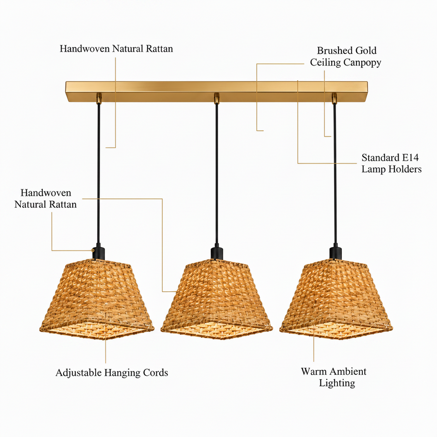 3-Light Handwoven Rattan Linear Pendant Light with Brushed Gold Canopy | E14 Holders