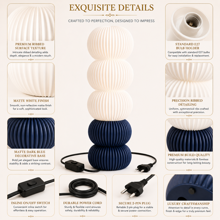Modern Ribbed Table Lamp | Matte White & Dark Blue | E27 Decorative Bedside Lamp | Contemporary Sculptural Table Light