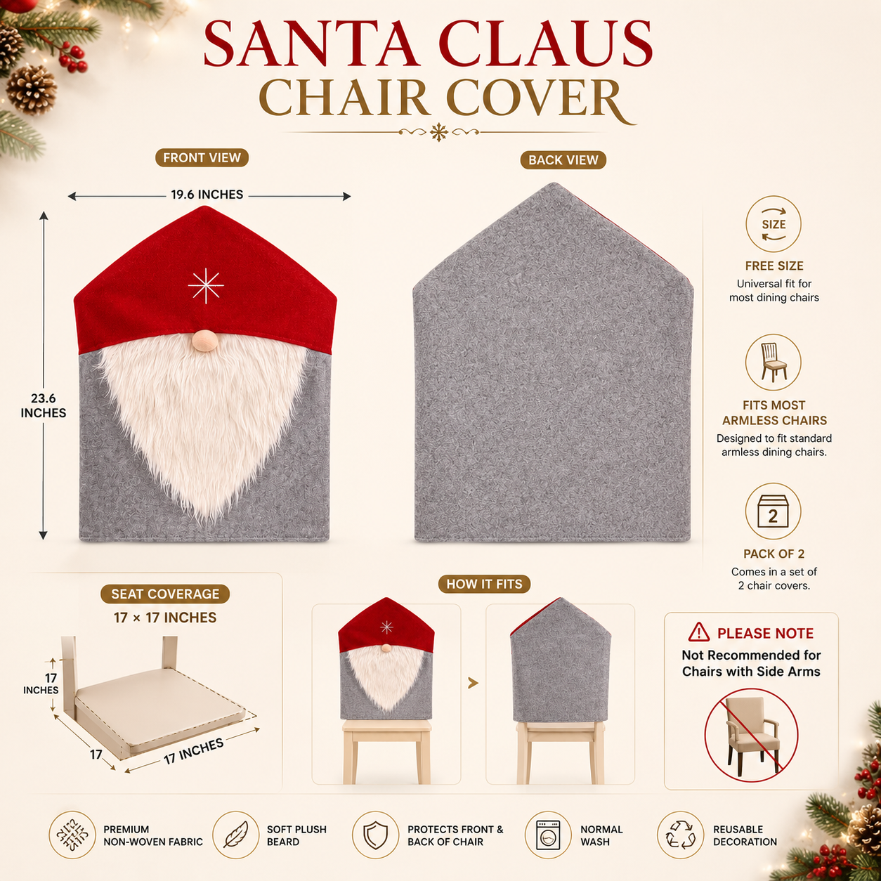 Santa Claus Christmas Chair Cover Set of 2 | Festive Dining Chair Covers