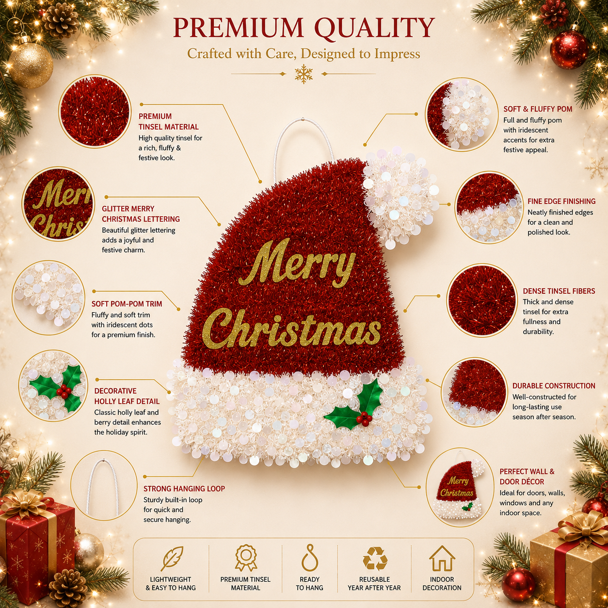 Merry Christmas Santa Hat Wall Hanging Decoration