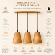 3-Light Handwoven Rattan Linear Pendant Light with Brushed Gold Canopy