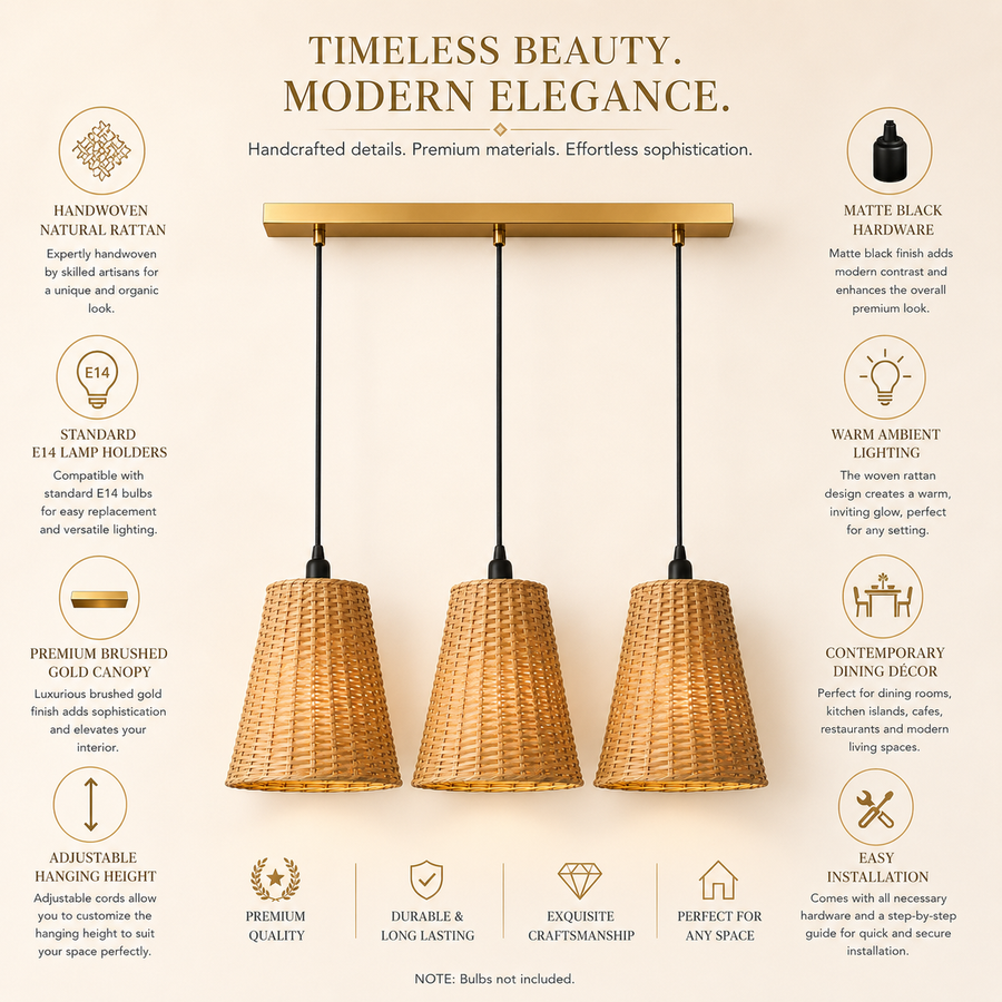 3-Light Handwoven Rattan Linear Pendant Light with Brushed Gold Canopy