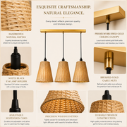 3-Light Handwoven Rattan Linear Pendant Light with Brushed Gold Canopy