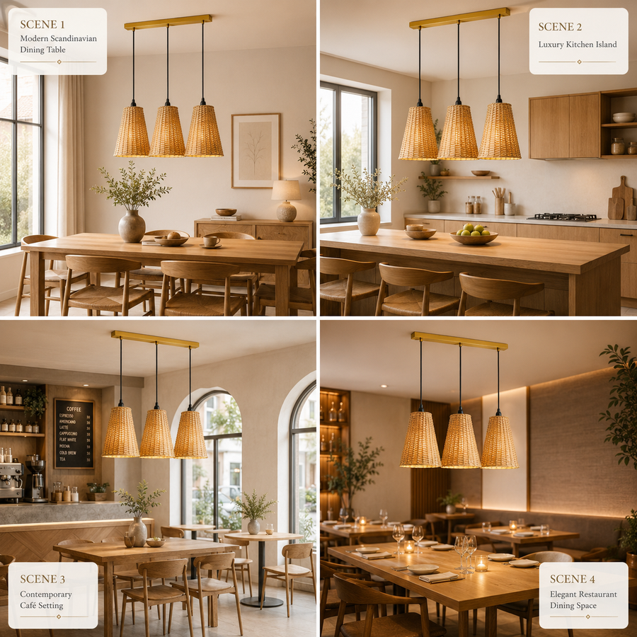 3-Light Handwoven Rattan Linear Pendant Light with Brushed Gold Canopy