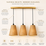 3-Light Handwoven Rattan Linear Pendant Light with Brushed Gold Canopy