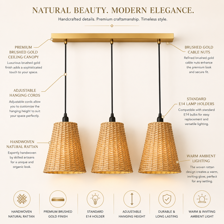 3-Light Handwoven Rattan Linear Pendant Light with Brushed Gold Canopy