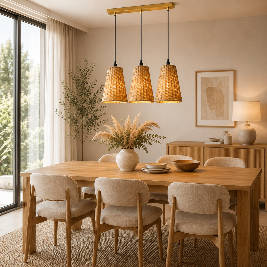 3-Light Handwoven Rattan Linear Pendant Light with Brushed Gold Canopy