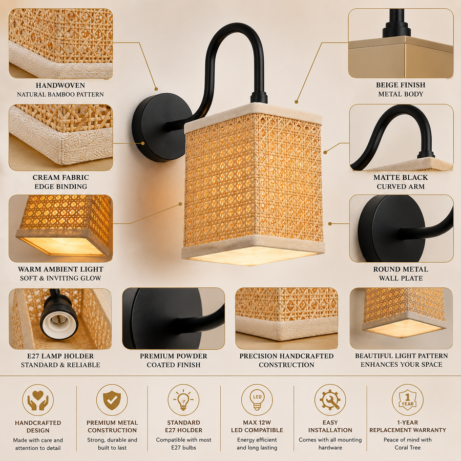 Coral Tree Modern Bamboo Wall Light | E27 Wall Lamp | Beige Metal Finish | Decorative Wall Sconce for Bedroom, Living Room & Hotel