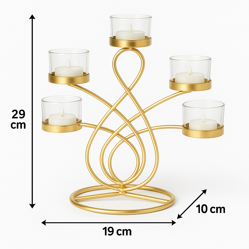 Elegant 5-Arm T-Light Candle Holder | Gold Metal Stand with Glass Cups | Home Décor Accent