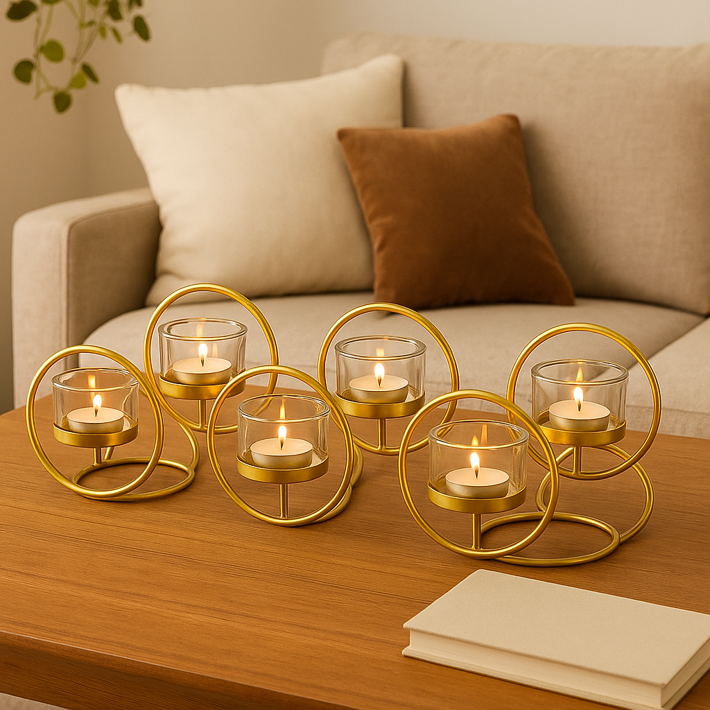 Elegant Gold Metal & Glass T-Light Candle Holder – 5 Holder Design