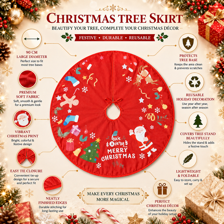 90 cm Christmas Tree Skirt Mat | Red Christmas Tree Base Cover | Soft Fabric Holiday Tree Skirt with Santa Print