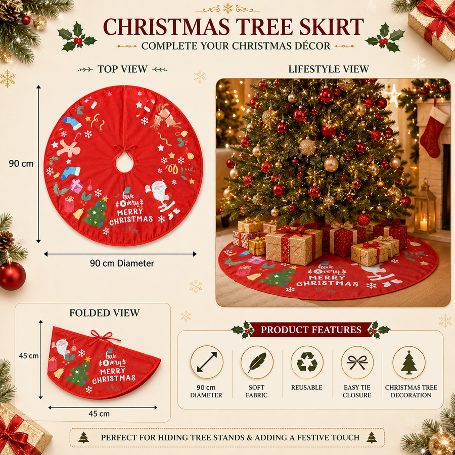 90 cm Christmas Tree Skirt Mat | Red Christmas Tree Base Cover | Soft Fabric Holiday Tree Skirt with Santa Print