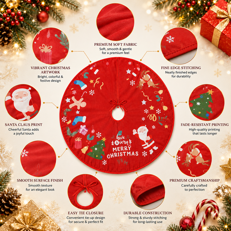 90 cm Christmas Tree Skirt Mat | Red Christmas Tree Base Cover | Soft Fabric Holiday Tree Skirt with Santa Print