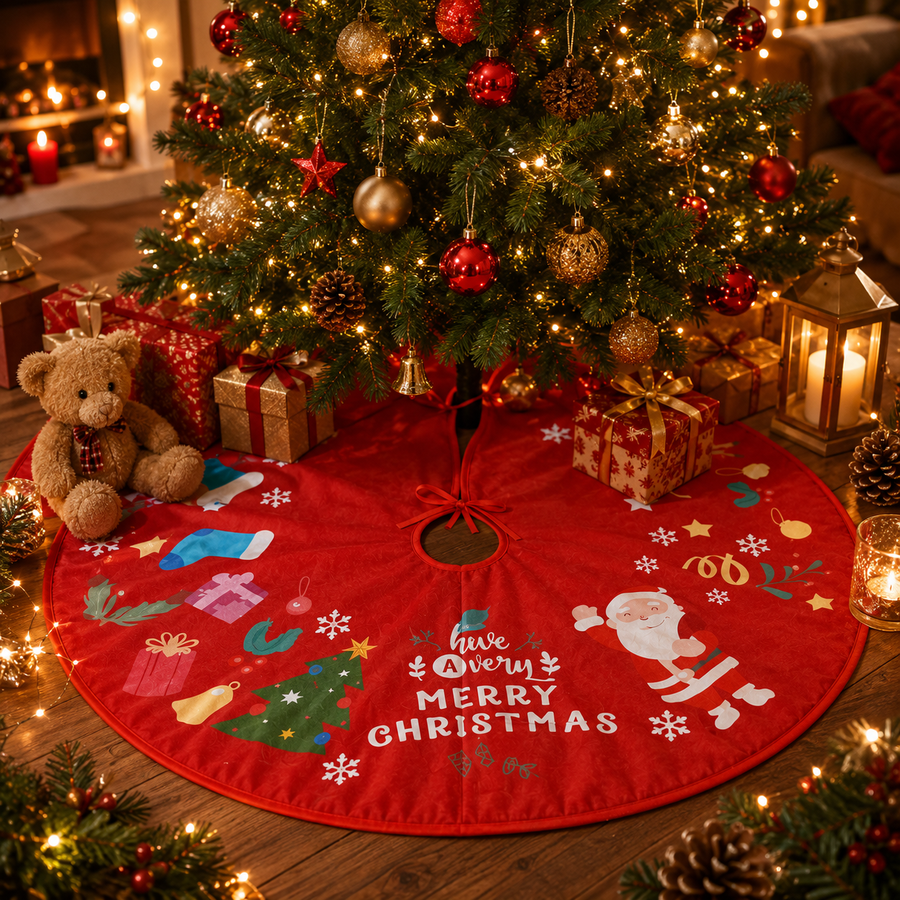 90 cm Christmas Tree Skirt Mat | Red Christmas Tree Base Cover | Soft Fabric Holiday Tree Skirt with Santa Print
