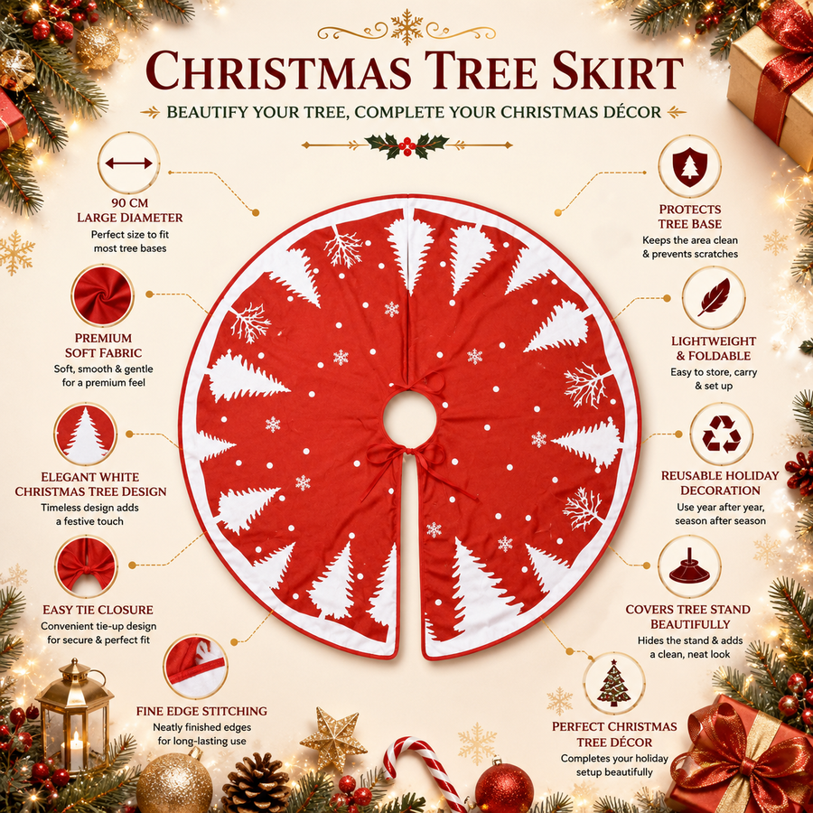 90 cm Christmas Tree Skirt Mat – Red Fabric with White Christmas Tree Print