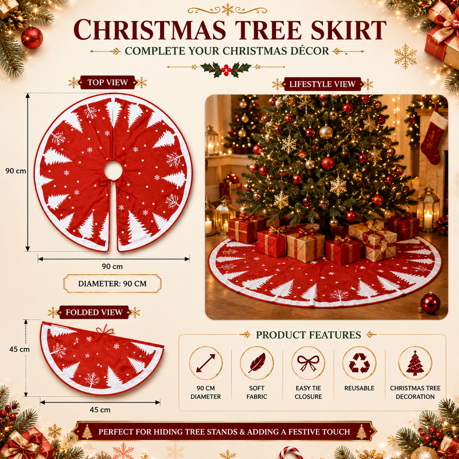 90 cm Christmas Tree Skirt Mat – Red Fabric with White Christmas Tree Print
